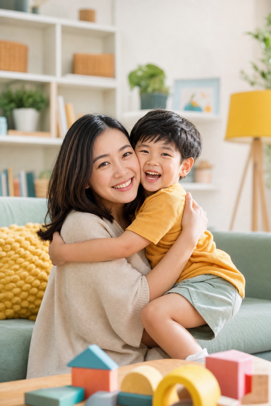A mother hugging her child in a bright living room